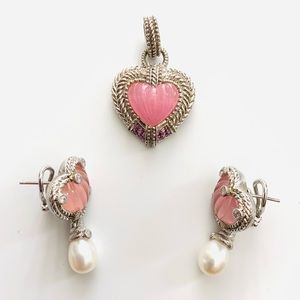 Authentic Judith Ripka Silver Pink Jade/Pearl Earrings/Pendant w/Pink Tourmaline